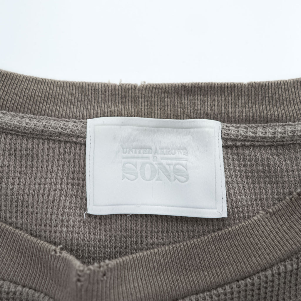 UNITED ARROWS & SONS 日本製 ダメージ加工 ワッフル サーマル ロングスリーブ Tシャツ M ブラウン  ロング丈 ラウンドカット 5512-699-0140