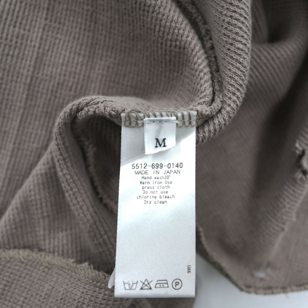 UNITED ARROWS & SONS 日本製 ダメージ加工 ワッフル サーマル ロングスリーブ Tシャツ M ブラウン  ロング丈 ラウンドカット 5512-699-0140