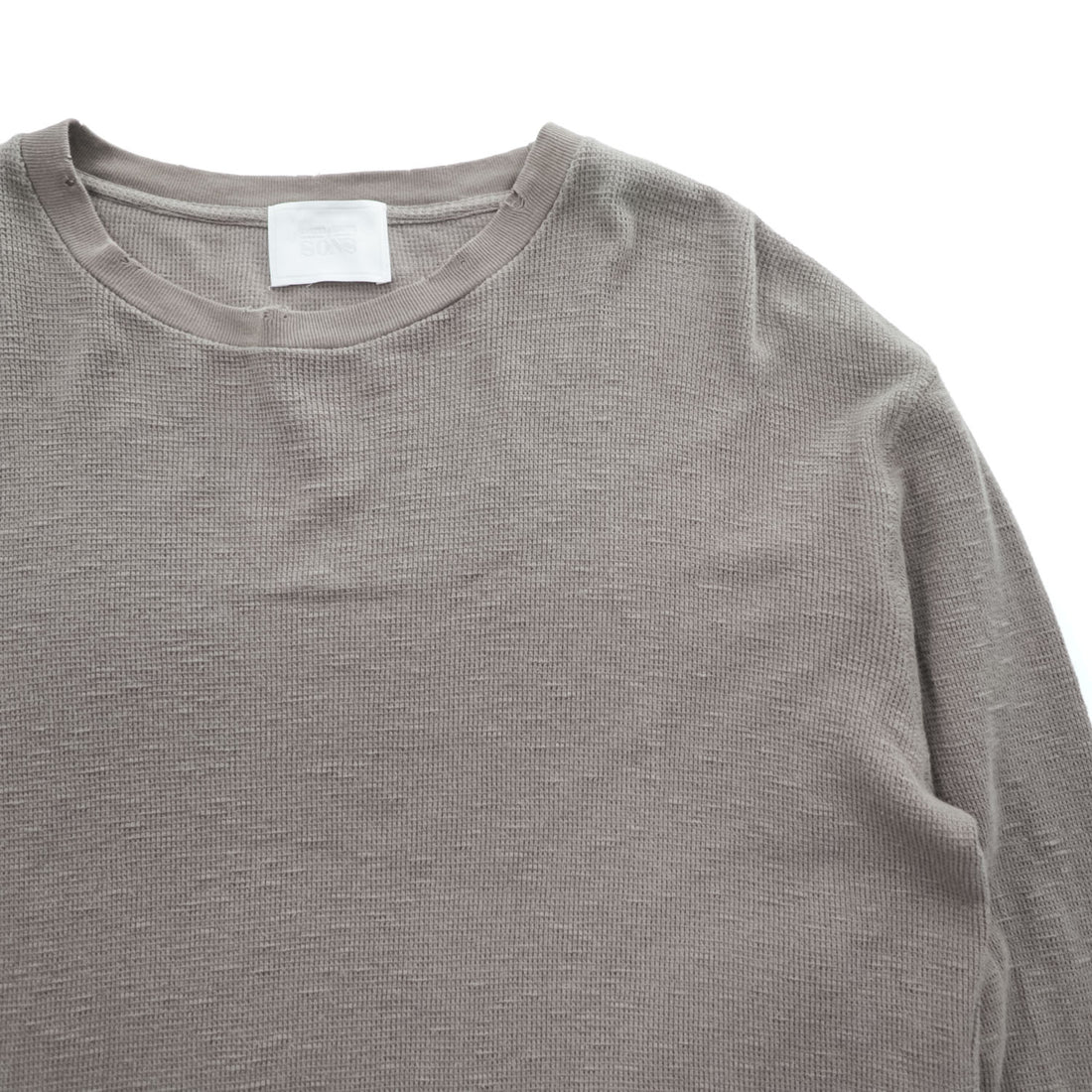UNITED ARROWS & SONS 日本製 ダメージ加工 ワッフル サーマル ロングスリーブ Tシャツ M ブラウン  ロング丈 ラウンドカット 5512-699-0140