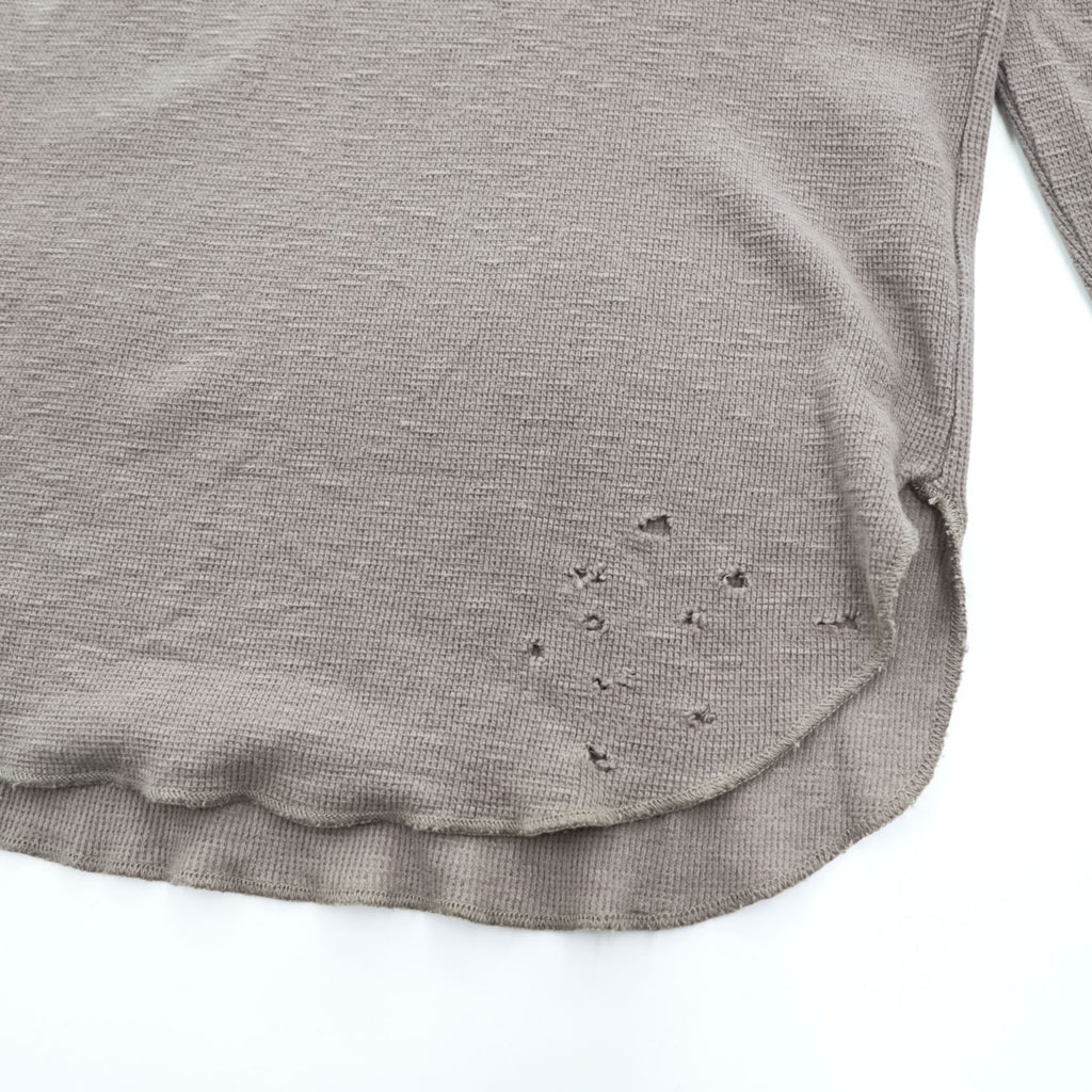 UNITED ARROWS & SONS 日本製 ダメージ加工 ワッフル サーマル ロングスリーブ Tシャツ M ブラウン  ロング丈 ラウンドカット 5512-699-0140