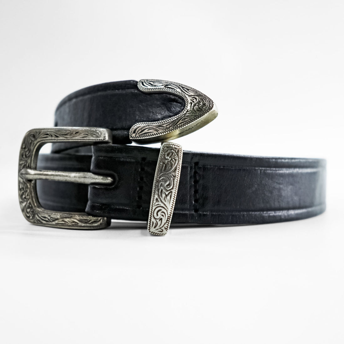 TORY LEATHER 米国製 ウエスタン ブライドルレザー ベルト ブラック シルバー 彫刻 デザイン バックル 2919 USA製