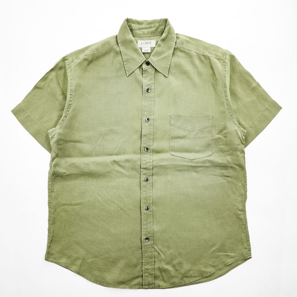 J.CREW 100%リネン 半袖シャツ L カーキ グリーン 胸ポケット