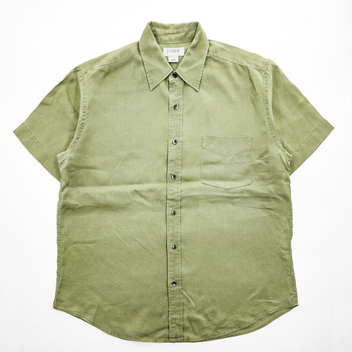 J.CREW 100%リネン 半袖シャツ L カーキ グリーン 胸ポケット