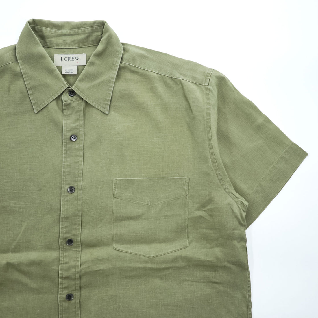 J.CREW 100%リネン 半袖シャツ L カーキ グリーン 胸ポケット