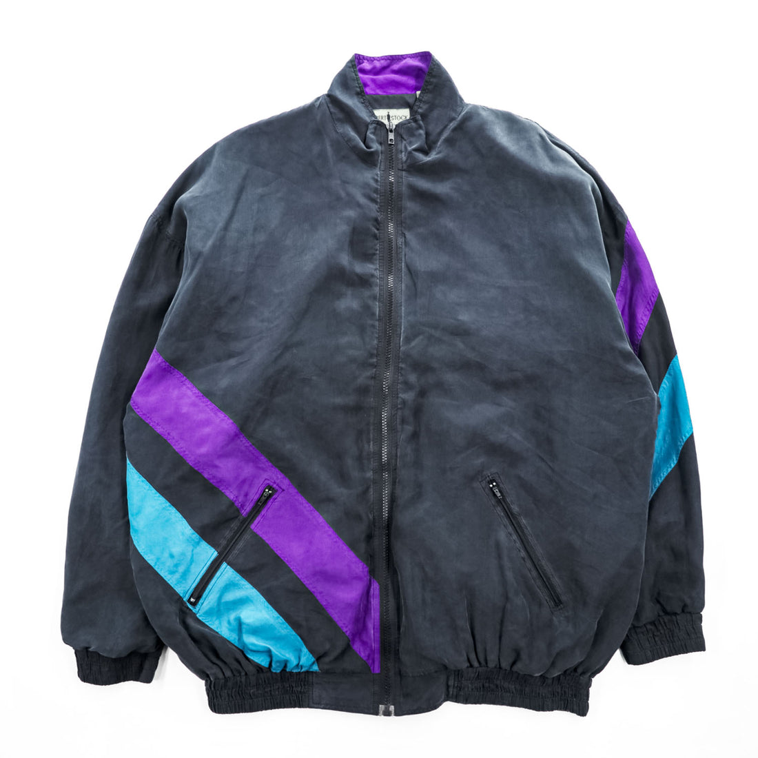 ROBERT STOCK 90年代 ヴィンテージ シルク ジップアップジャケット カラーブロック ジャージ XL ブラック