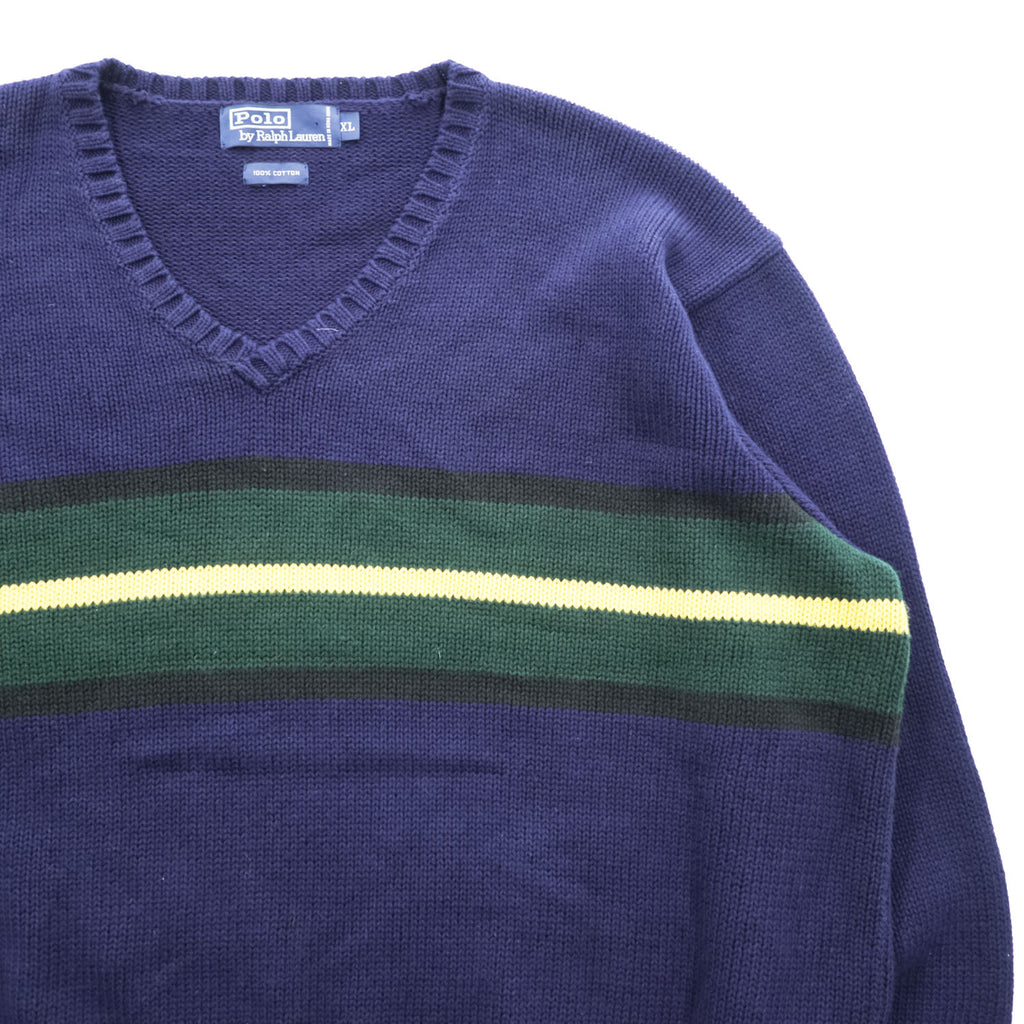Polo Ralph Lauren 90年代 Vネック ニット セーター XL ネイビー ローゲージ 100％コットン