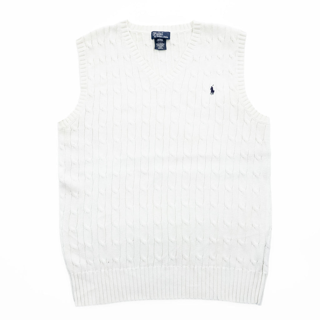 Polo Ralph Lauren 90年代 Vネック コットン ケーブルニットベスト XL ホワイト ポニー 刺繍