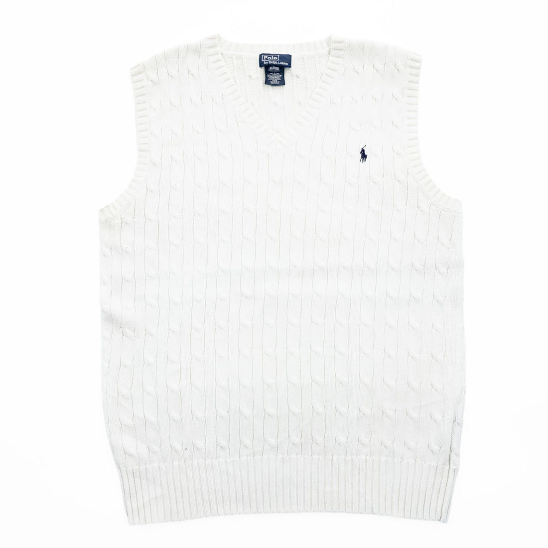 Polo Ralph Lauren 90年代 Vネック コットン ケーブルニットベスト XL ホワイト ポニー 刺繍