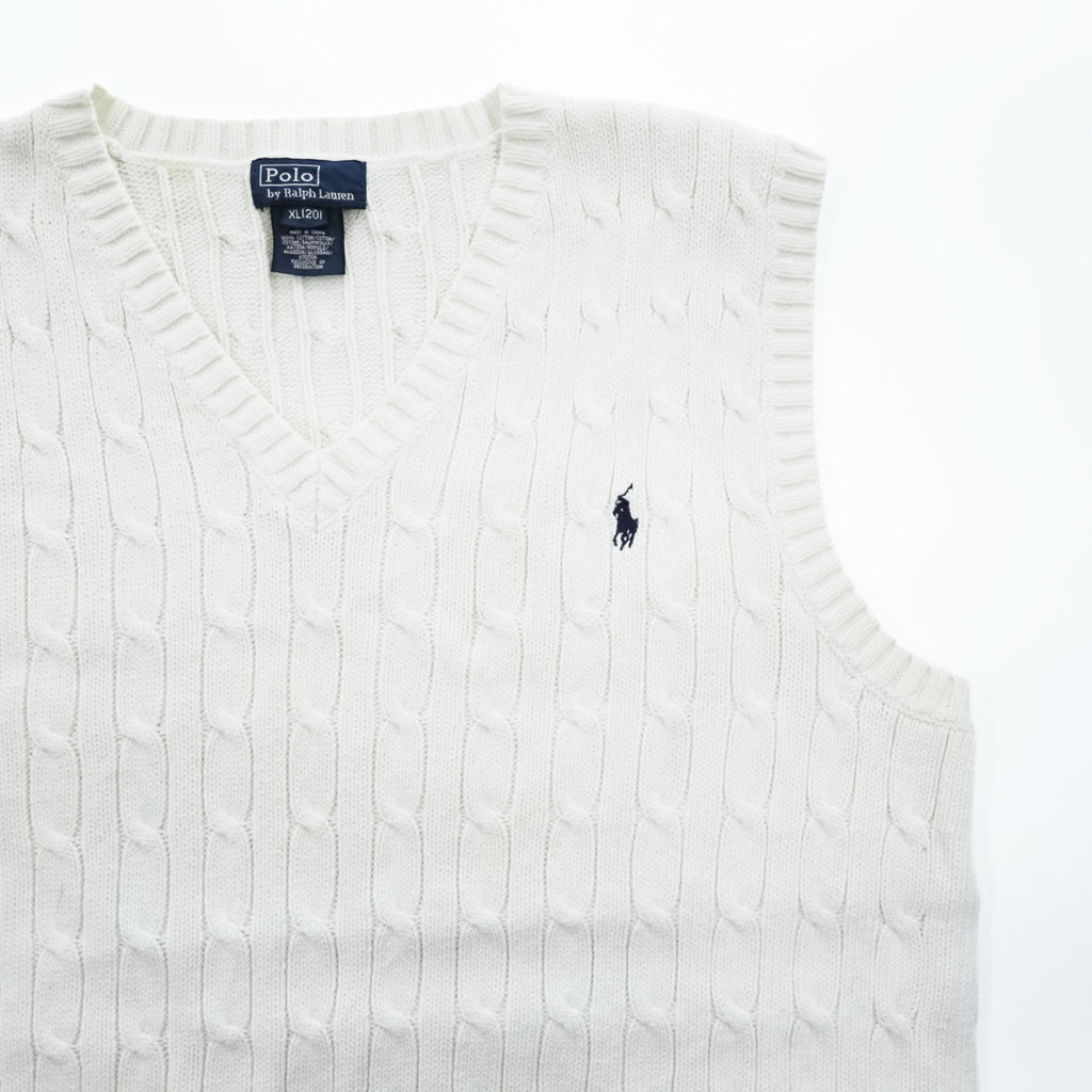 Polo Ralph Lauren 90年代 Vネック コットン ケーブルニットベスト XL ホワイト ポニー 刺繍