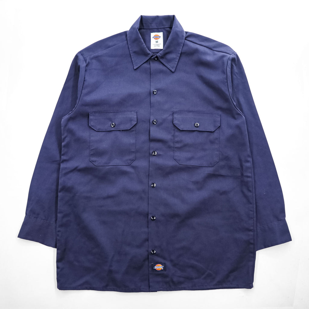Dickies 長袖ワークシャツ M ネイビー ボックスシルエット フラップ ダブルポケット