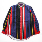 Vintage Ralph Lauren Multicolor Panel Stripe Button Down Shirt Pony Cotton XL Red Navy