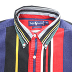 Vintage Ralph Lauren Multicolor Panel Stripe Button Down Shirt Pony Cotton XL Red Navy