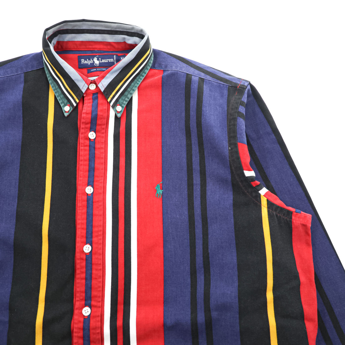 Vintage Ralph Lauren Multicolor Panel Stripe Button Down Shirt Pony Cotton XL Red Navy