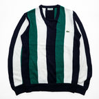 CHEMISE LACOSTE フランス製 80年代 ヴィンテージ Vネック ニット セーター L マルチストライプ