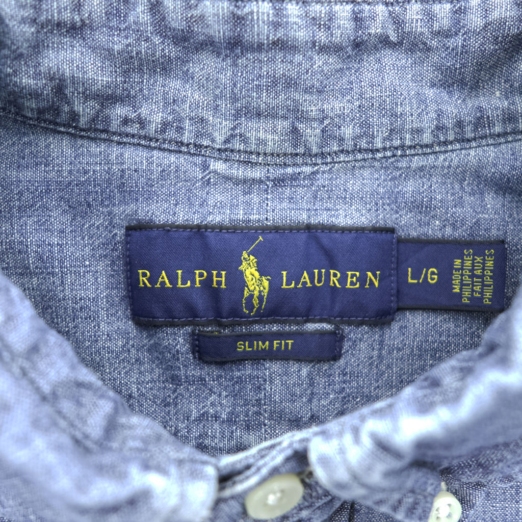 Ralph Lauren 長袖シャンブレーシャツ L インディゴ ブルー SLIM FIT ボタンダウン