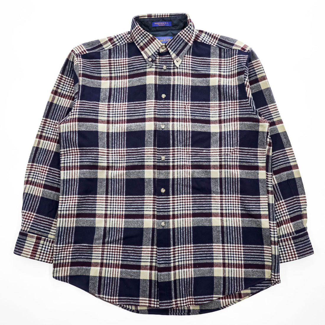 PENDLETON USA製 100%バージンウール 長袖 シャツ M ネイビー チェック ボタンダウン 胸ポケット
