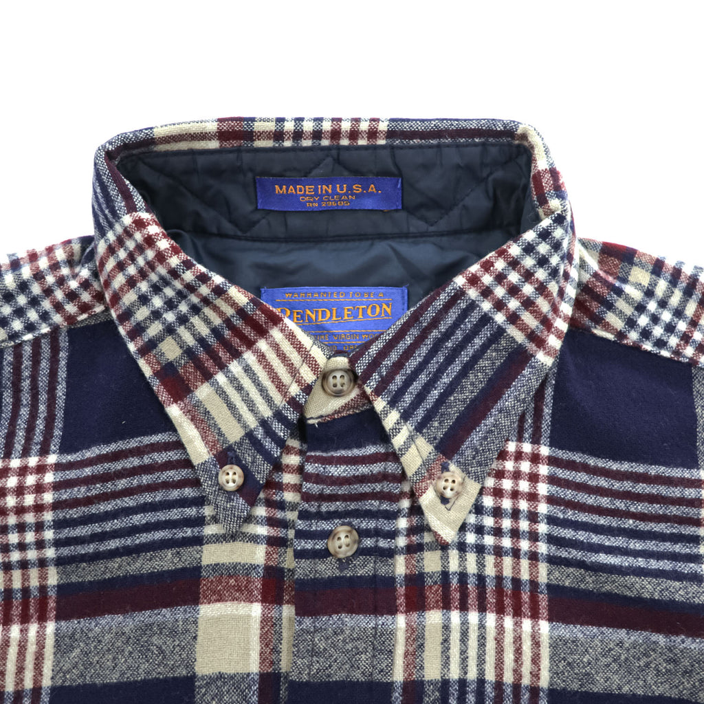 PENDLETON USA製 100%バージンウール 長袖 シャツ M ネイビー チェック ボタンダウン 胸ポケット