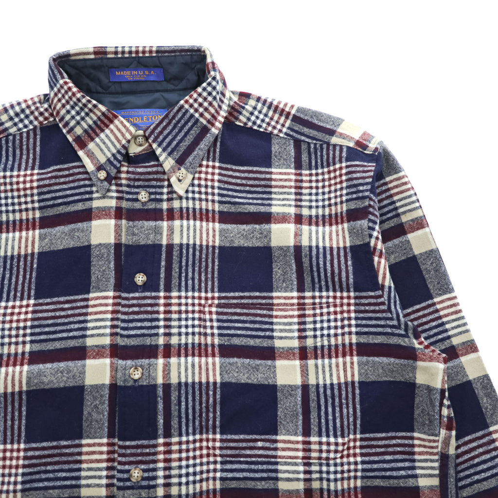 PENDLETON USA製 100%バージンウール 長袖 シャツ M ネイビー チェック ボタンダウン 胸ポケット