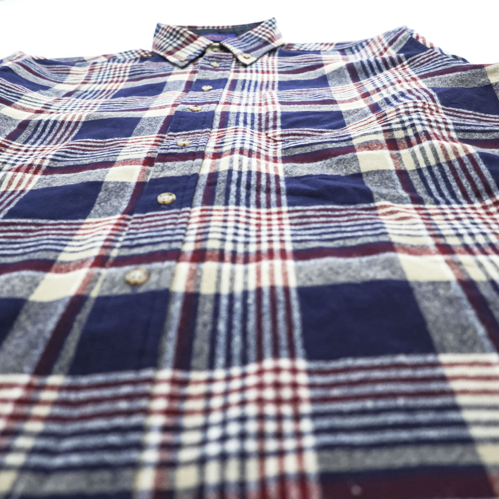 PENDLETON USA製 100%バージンウール 長袖 シャツ M ネイビー チェック ボタンダウン 胸ポケット