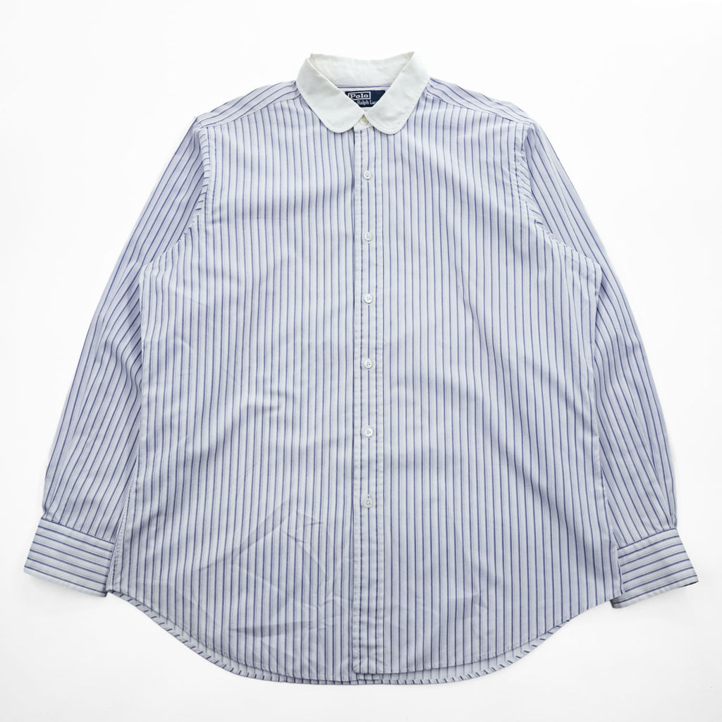 Polo Ralph Lauren 90年代 ヴィンテージ 長袖 シャツ L ホワイト ブルー ストライプ 丸襟