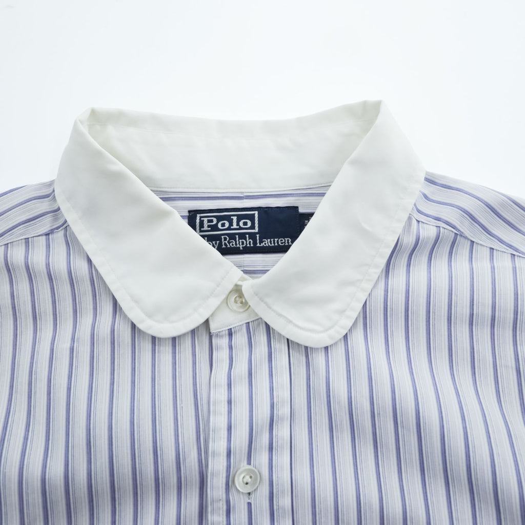 Polo Ralph Lauren 90年代 ヴィンテージ 長袖 シャツ L ホワイト ブルー ストライプ 丸襟