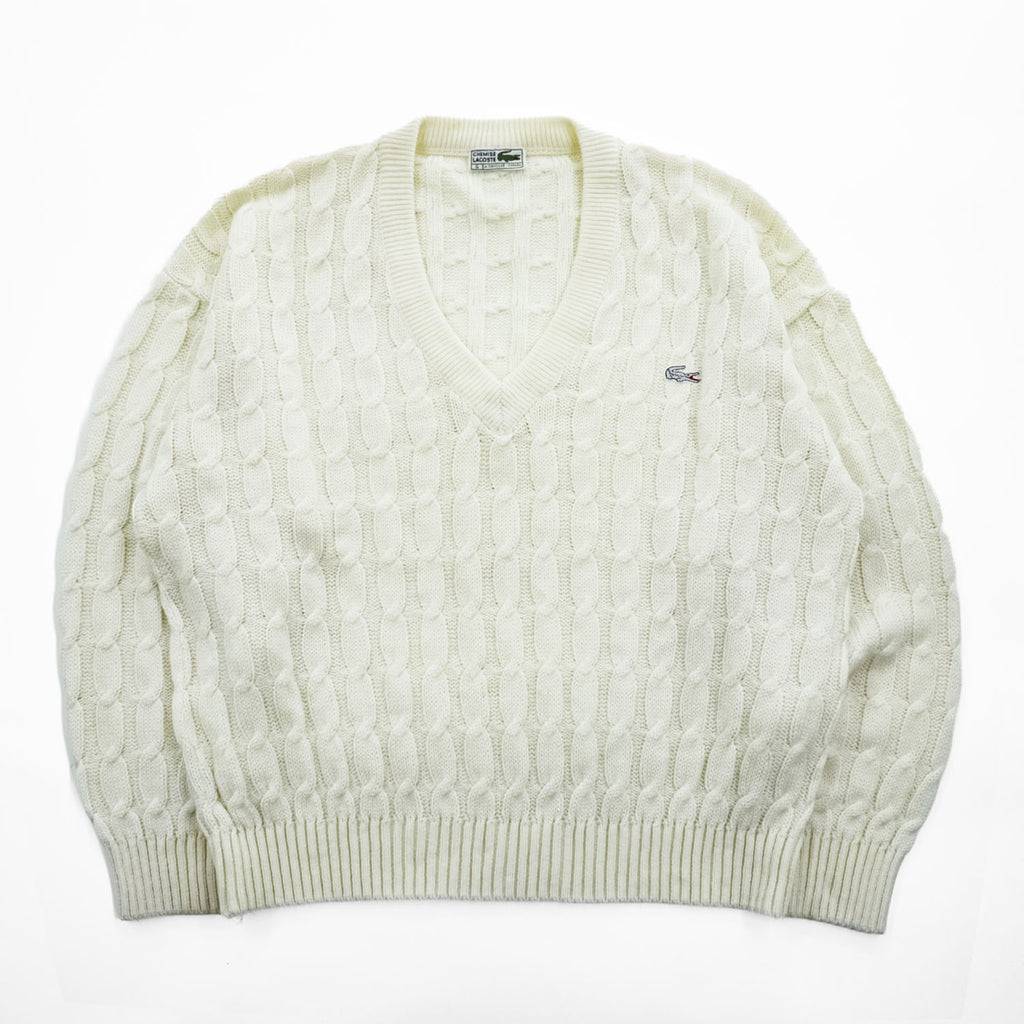CHEMISE LACOSTE スペイン製 80年代 ヴィンテージ ケーブル編み Vネック ニット セーター L ホワイト