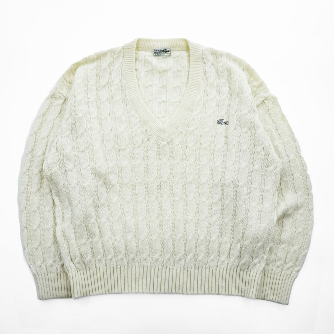 CHEMISE LACOSTE スペイン製 80年代 ヴィンテージ ケーブル編み Vネック ニット セーター L ホワイト
