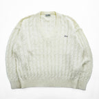CHEMISE LACOSTE スペイン製 80年代 ヴィンテージ ケーブル編み Vネック ニット セーター L ホワイト