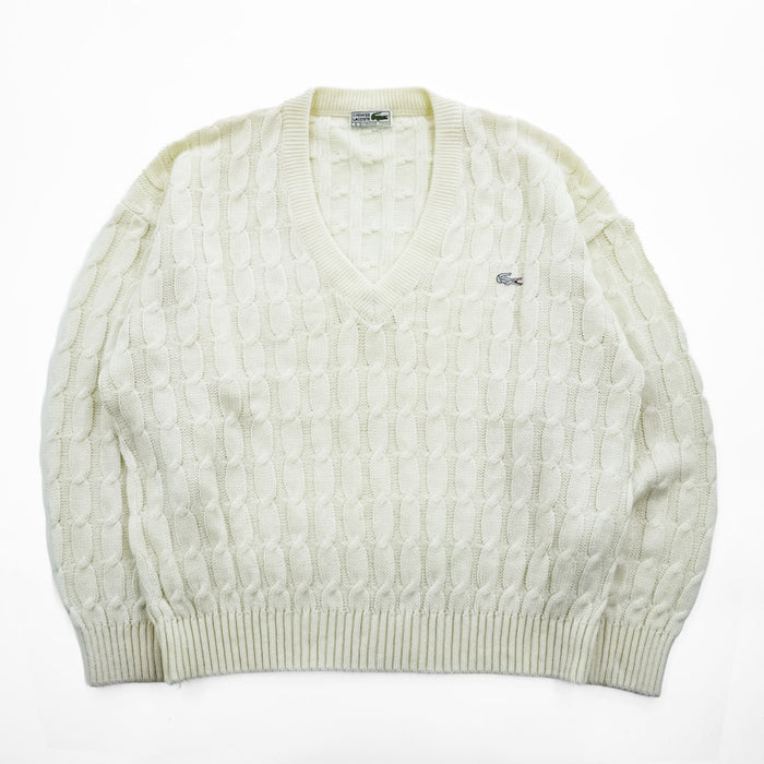 CHEMISE LACOSTE スペイン製 80年代 ヴィンテージ ケーブル編み Vネック ニット セーター L ホワイト