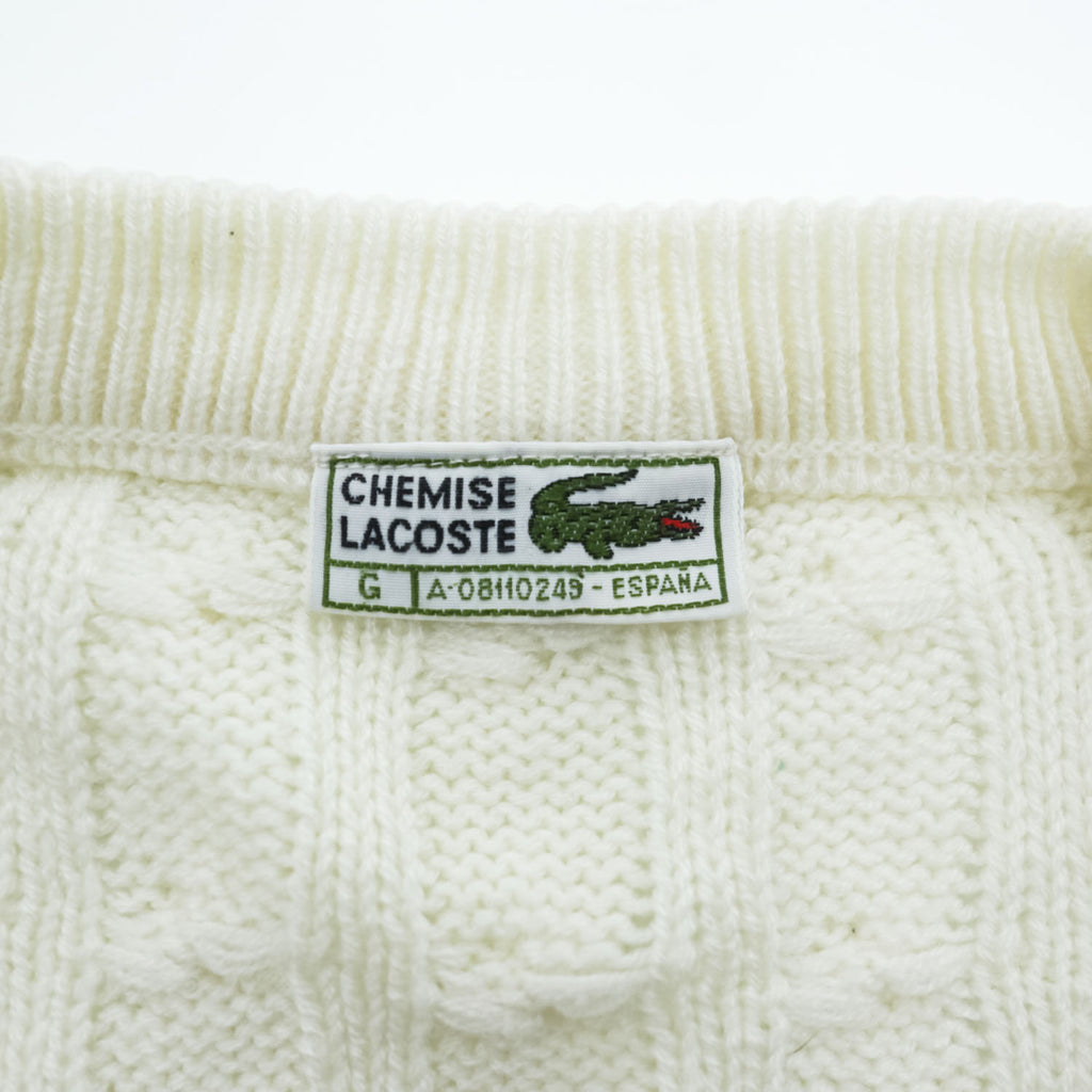 CHEMISE LACOSTE スペイン製 80年代 ヴィンテージ ケーブル編み Vネック ニット セーター L ホワイト
