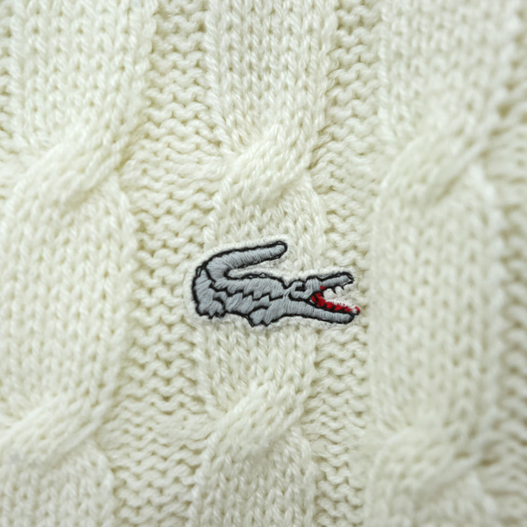 CHEMISE LACOSTE スペイン製 80年代 ヴィンテージ ケーブル編み Vネック ニット セーター L ホワイト