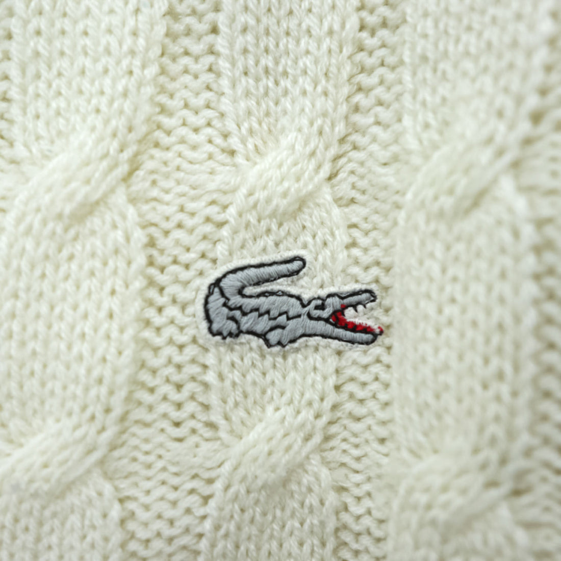 CHEMISE LACOSTE スペイン製 80年代 ヴィンテージ ケーブル編み Vネック ニット セーター L ホワイト