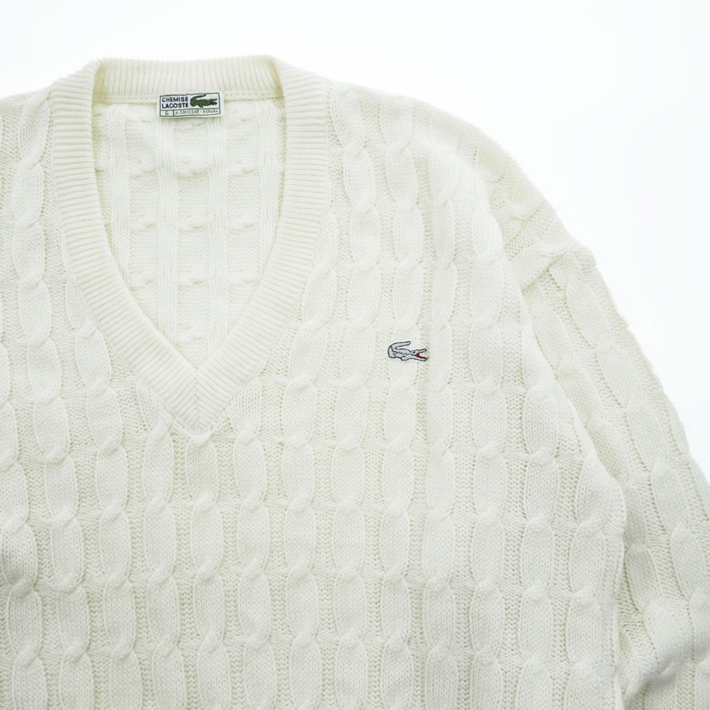 CHEMISE LACOSTE スペイン製 80年代 ヴィンテージ ケーブル編み Vネック ニット セーター L ホワイト