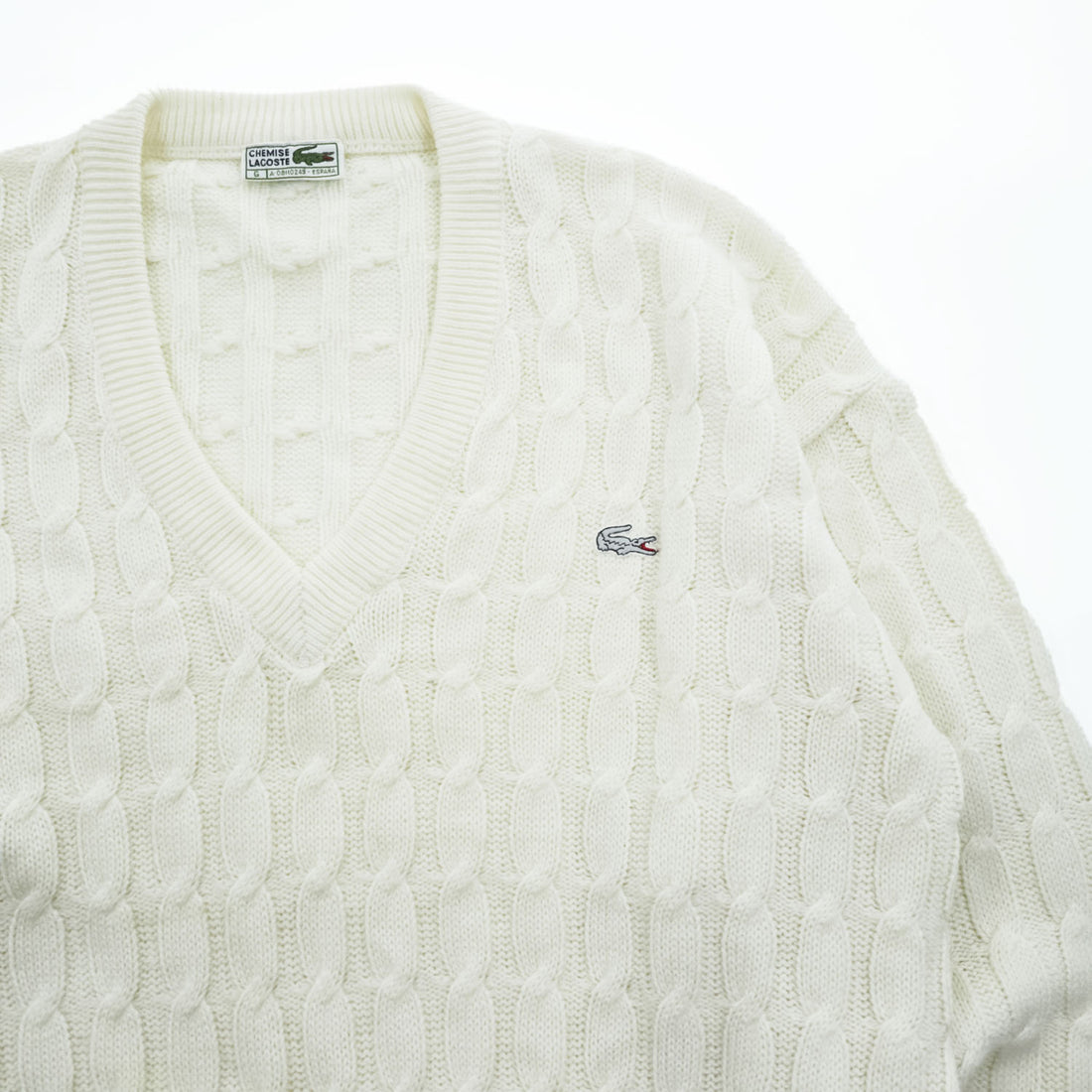 CHEMISE LACOSTE スペイン製 80年代 ヴィンテージ ケーブル編み Vネック ニット セーター L ホワイト