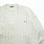 CHEMISE LACOSTE スペイン製 80年代 ヴィンテージ ケーブル編み Vネック ニット セーター L ホワイト