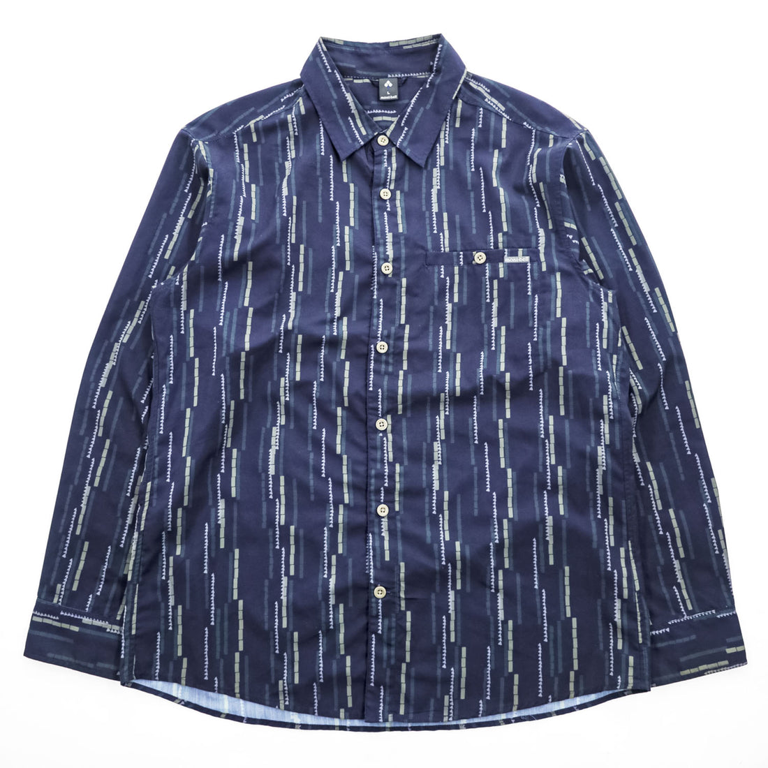 mont-bell WIC.ライト プリント ロングスリーブシャツ 長袖シャツ L ネイビー 総柄 1114284