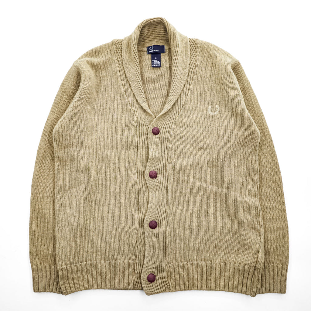 FRED PERRY エルボーパッチ ショールカラー ニット カーディガン L ベージュ ブラウン