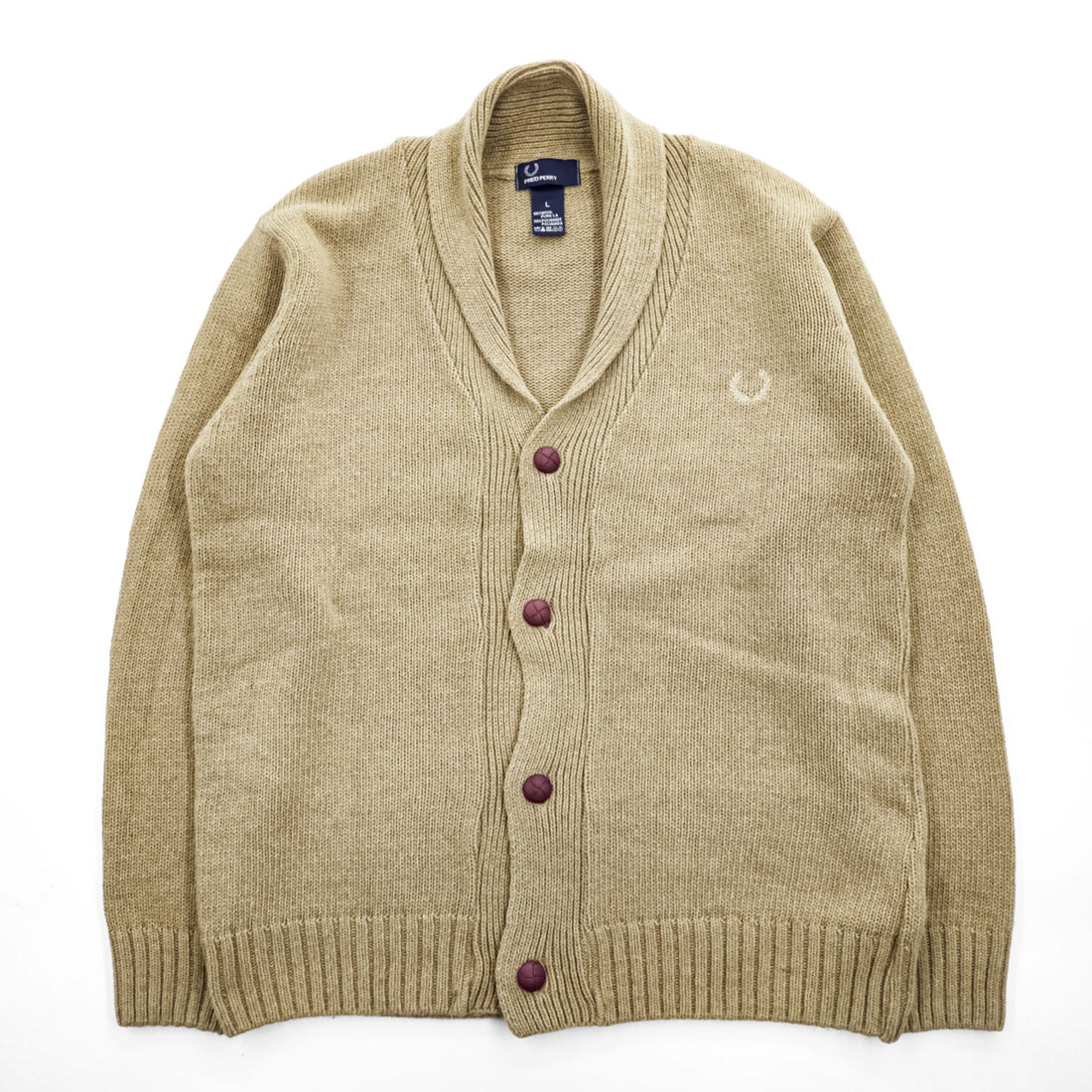 FRED PERRY エルボーパッチ ショールカラー ニット カーディガン L ベージュ ブラウン