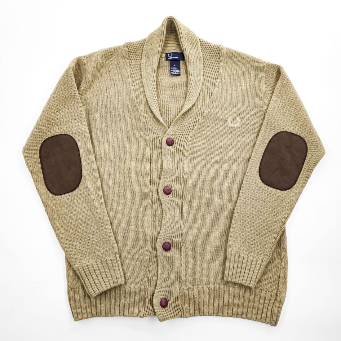 FRED PERRY エルボーパッチ ショールカラー ニット カーディガン L ベージュ ブラウン