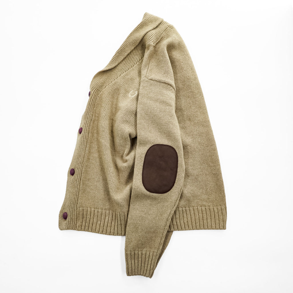 FRED PERRY エルボーパッチ ショールカラー ニット カーディガン L ベージュ ブラウン