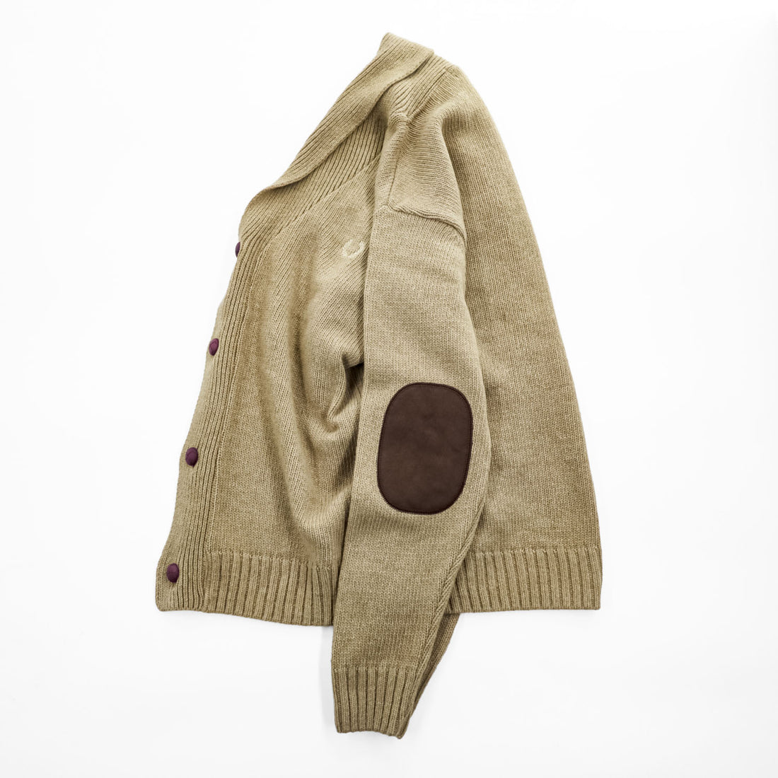 FRED PERRY エルボーパッチ ショールカラー ニット カーディガン L ベージュ ブラウン