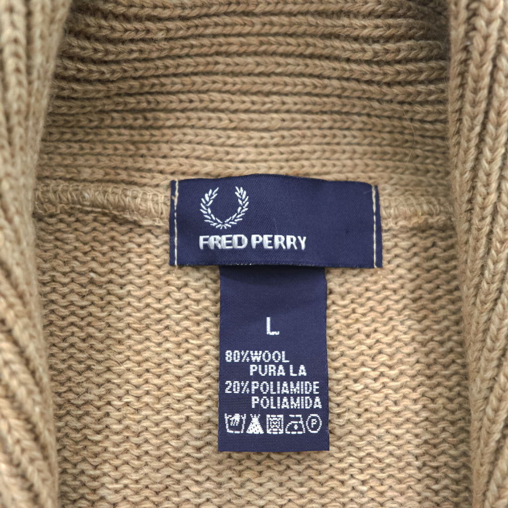 FRED PERRY エルボーパッチ ショールカラー ニット カーディガン L ベージュ ブラウン