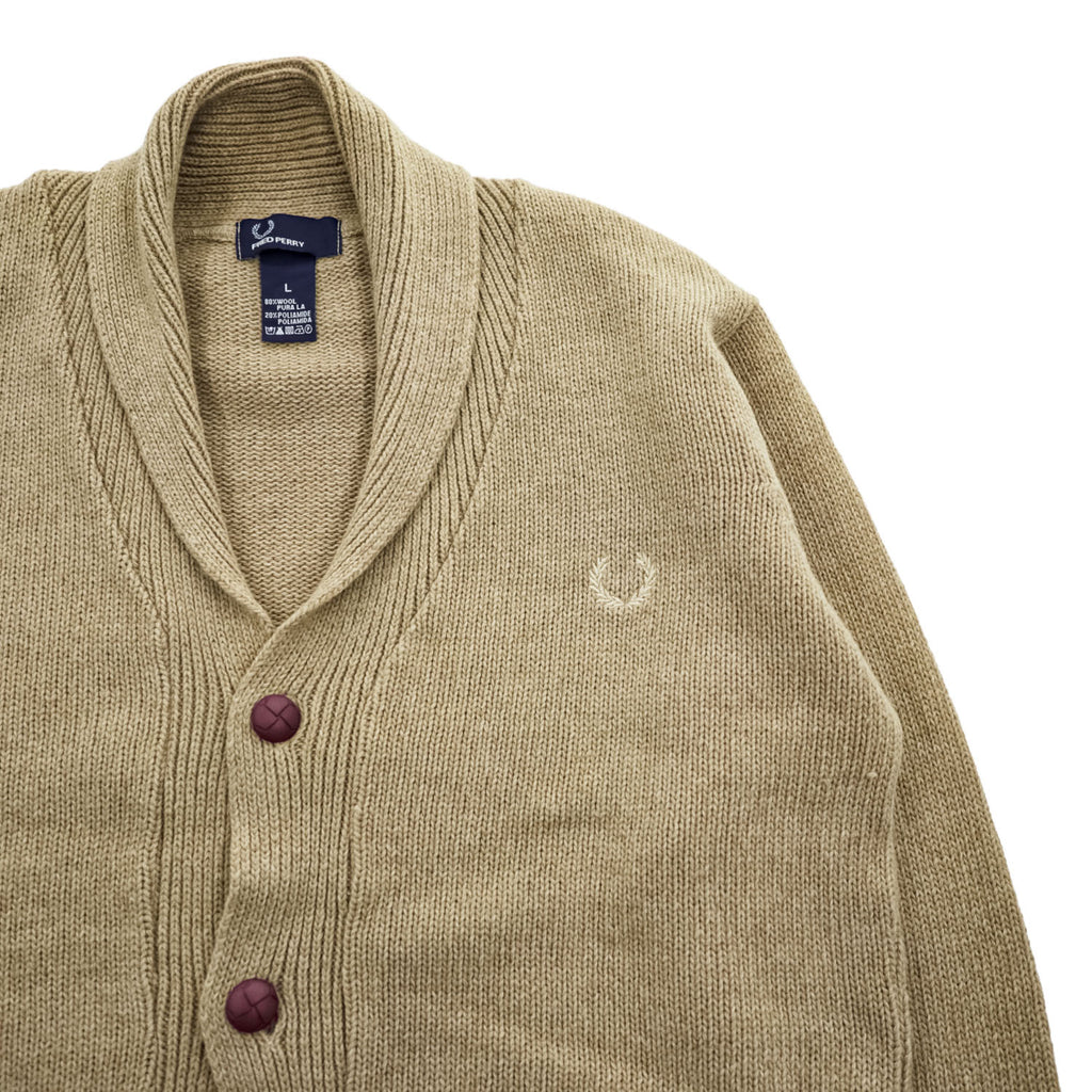 FRED PERRY エルボーパッチ ショールカラー ニット カーディガン L ベージュ ブラウン