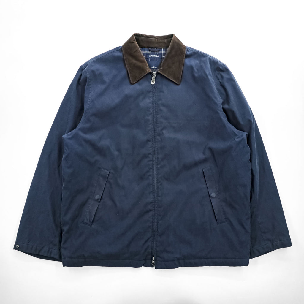 NAUTICA レザー襟 スウィングトップ ハリントンジャケット L ネイビー 中綿 チェック裏地