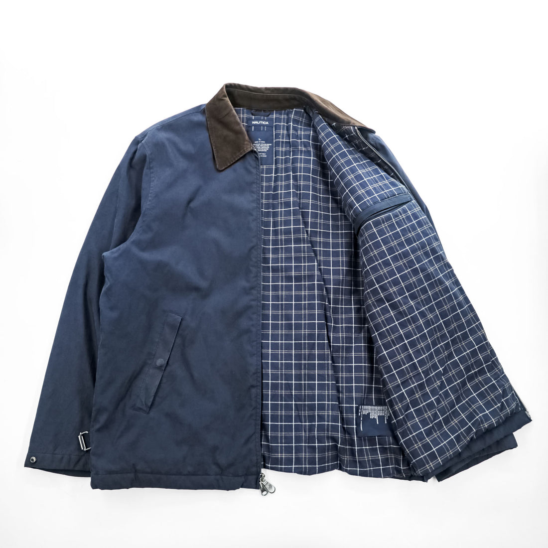 NAUTICA レザー襟 スウィングトップ ハリントンジャケット L ネイビー 中綿 チェック裏地