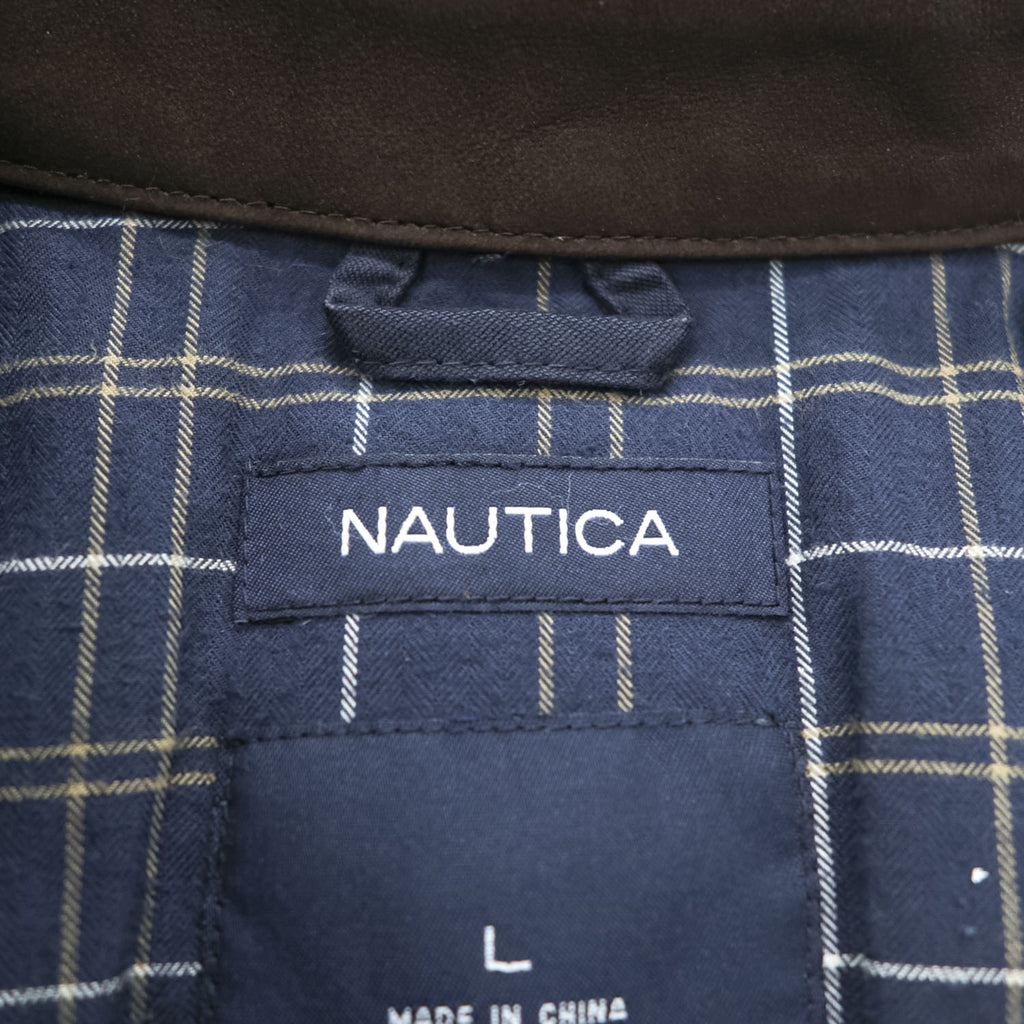 NAUTICA レザー襟 スウィングトップ ハリントンジャケット L ネイビー 中綿 チェック裏地