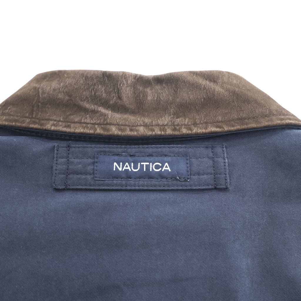 NAUTICA レザー襟 スウィングトップ ハリントンジャケット L ネイビー 中綿 チェック裏地