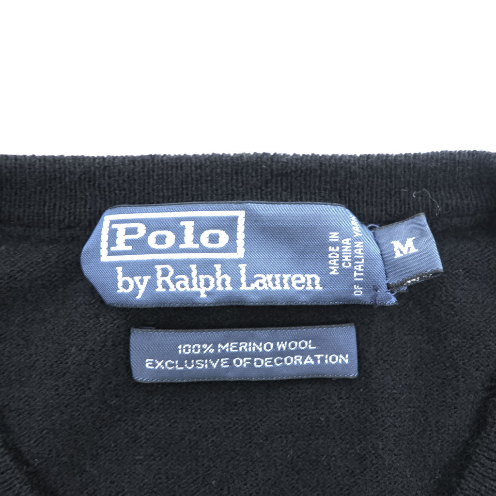 Polo Ralph Lauren 90年代 ヴィンテージ Vネック ニットベスト M ブラック ポニー刺繍 MERINO WOOL