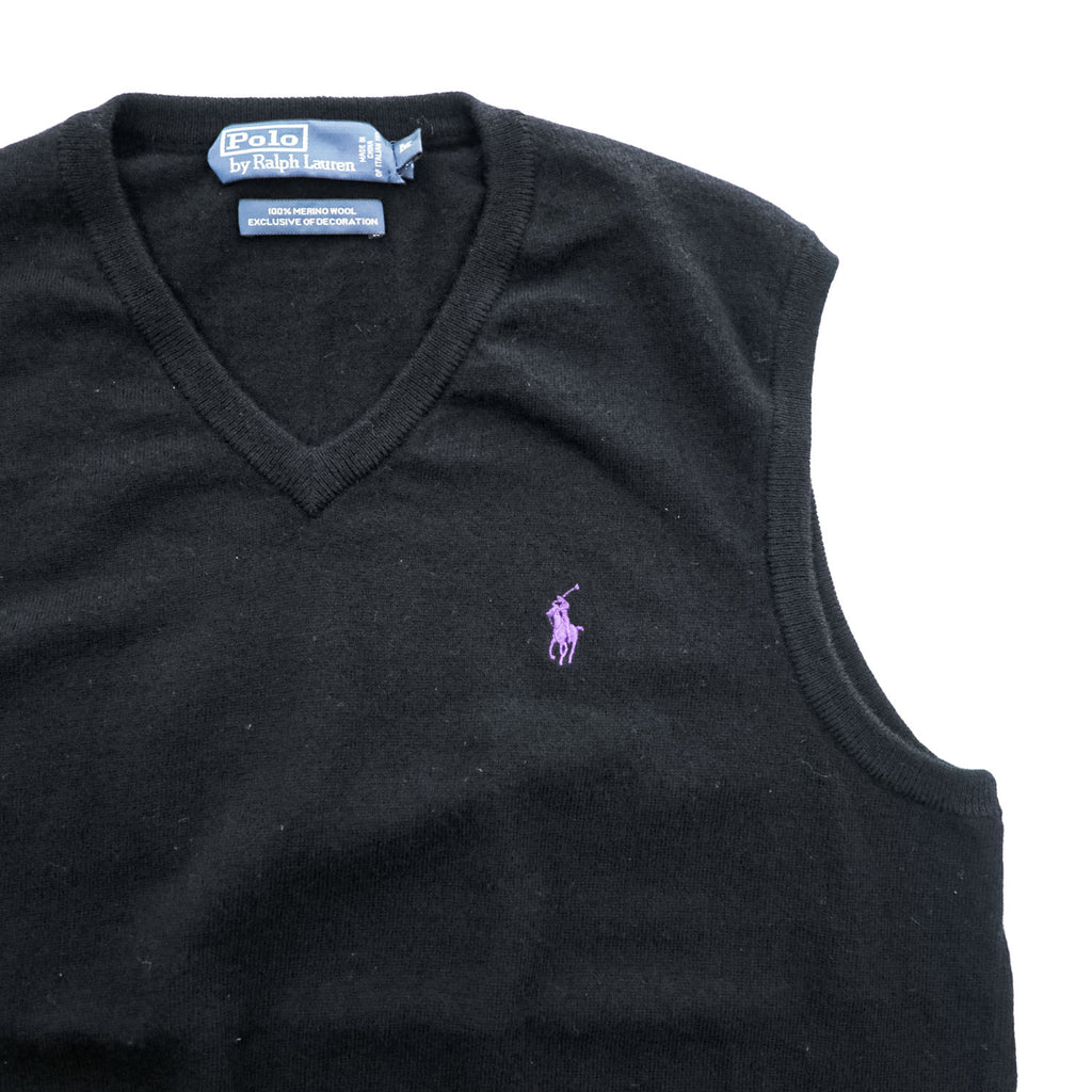 Polo Ralph Lauren 90年代 ヴィンテージ Vネック ニットベスト M ブラック ポニー刺繍 MERINO WOOL