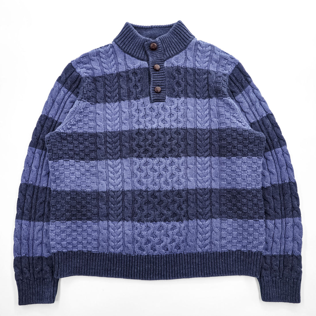 L.L.Bean ケーブル編み ニット セーター XL ブルー ネイビー ビッグサイズ ボーダー モックネック ハーフボタン くるみボタン